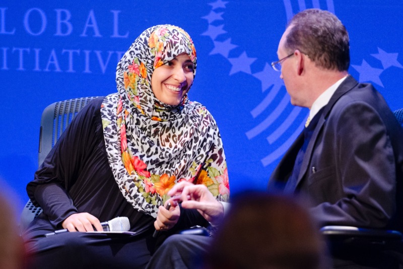 Clinton Global Initiative, CGI 2012 meetings, Designing for Impact, New York, September 2012Champions of ActionMadeleine K. Albright, Chair, Albright Stonebridge GroupPaul Farmer, Founder, Partners in HealthTawakkol Karman, Co-founder, Women Journalists Without Chains; 2011 Nobel Peace Prize WinnerJimmy Wales, Founder, Wikipedia.org